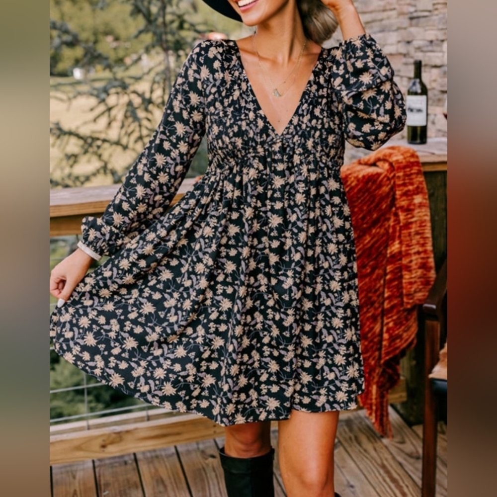 Black Neutral Floral Mini Babydoll  Long Sleeve Dress